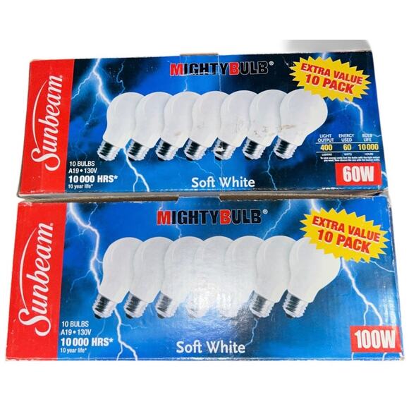 Sunbeam MIghty Bulb Soft White 10 Bulb 60 Watt & 10 Bulb 100 Watt New Old Stock - Picture 1 of 3